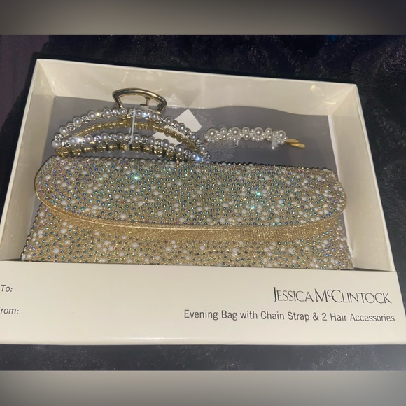 Jessica McClintock Evening Bag with Chain Strap & Two Hair Accessories - Picture 1 of 5